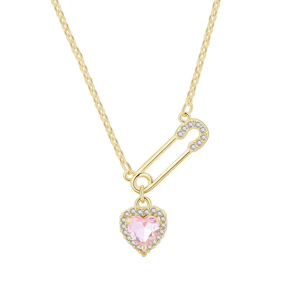 safety pin necklace with heart charm crystal hearts