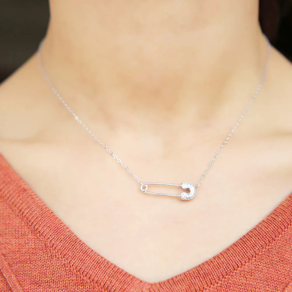 charm dainty paper clip paved small cz stone necklace