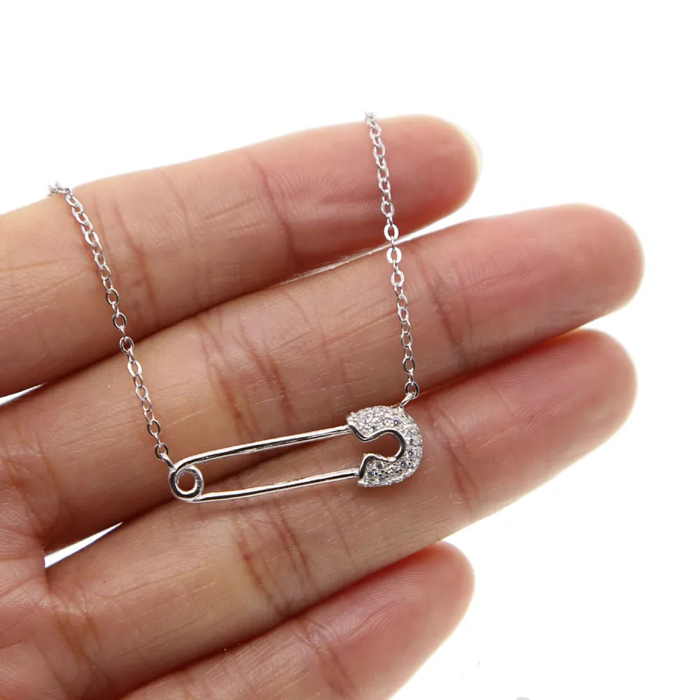 charm dainty paper clip paved small cz stone necklace