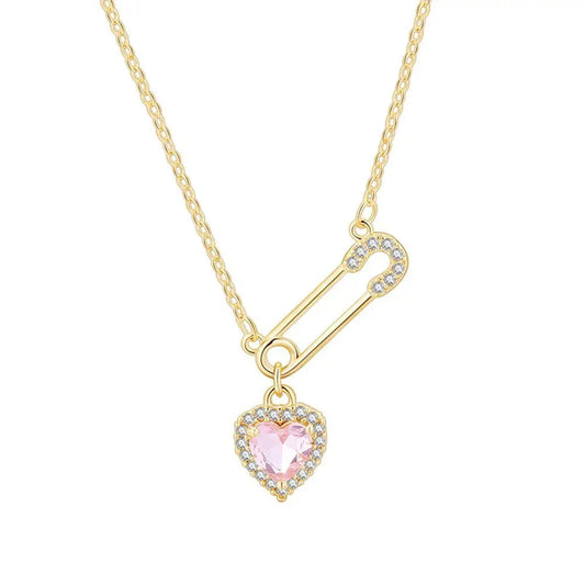 Safety Pin Necklace With Heart Charm Crystal Hearts