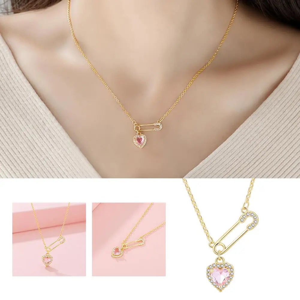 safety pin necklace with heart charm crystal hearts