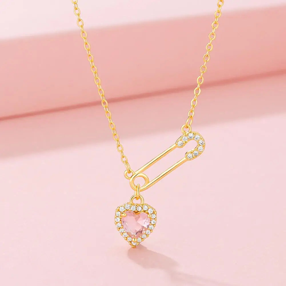 safety pin necklace with heart charm crystal hearts