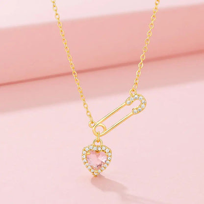 Safety Pin Necklace With Heart Charm Crystal Hearts